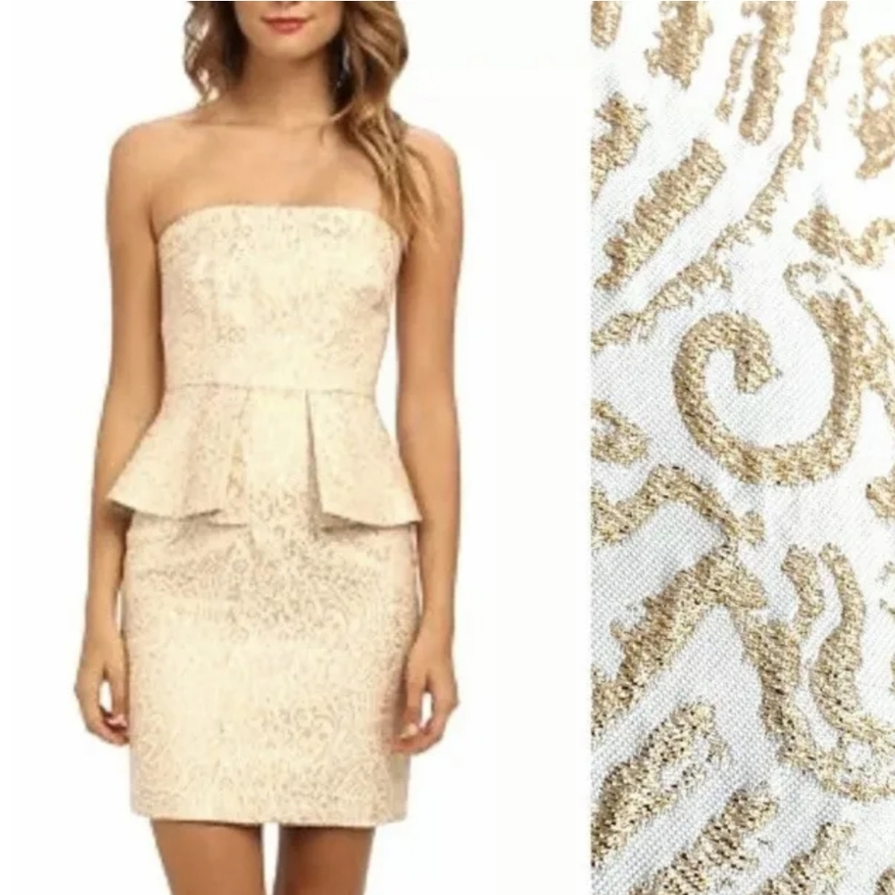Laundry Shelli Segal Gold Ivory Brocade Jacquard Cocktail Peplum Dress size 4